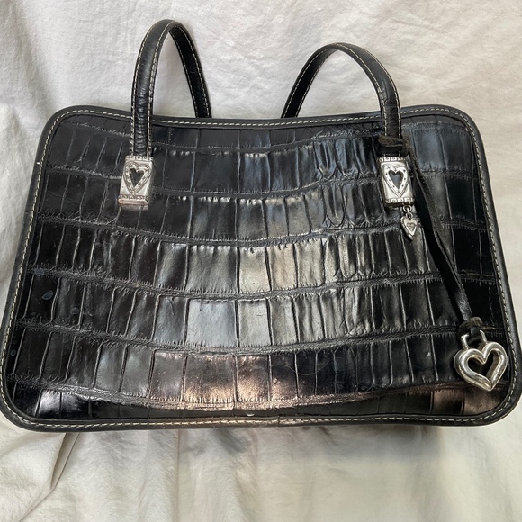 Black Leather Structured Alligator Embossed Leather Brighton Shoulder Bag - Picture 1 of 11